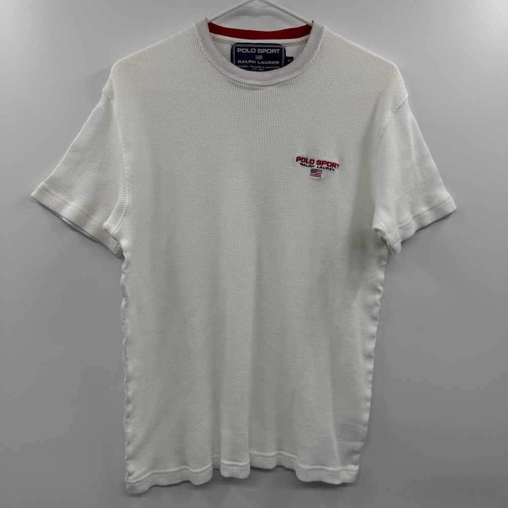 Vintage 90s Polo Sport Ralph Lauren T-Shirt M White Ribbed USA Flag Embroidered